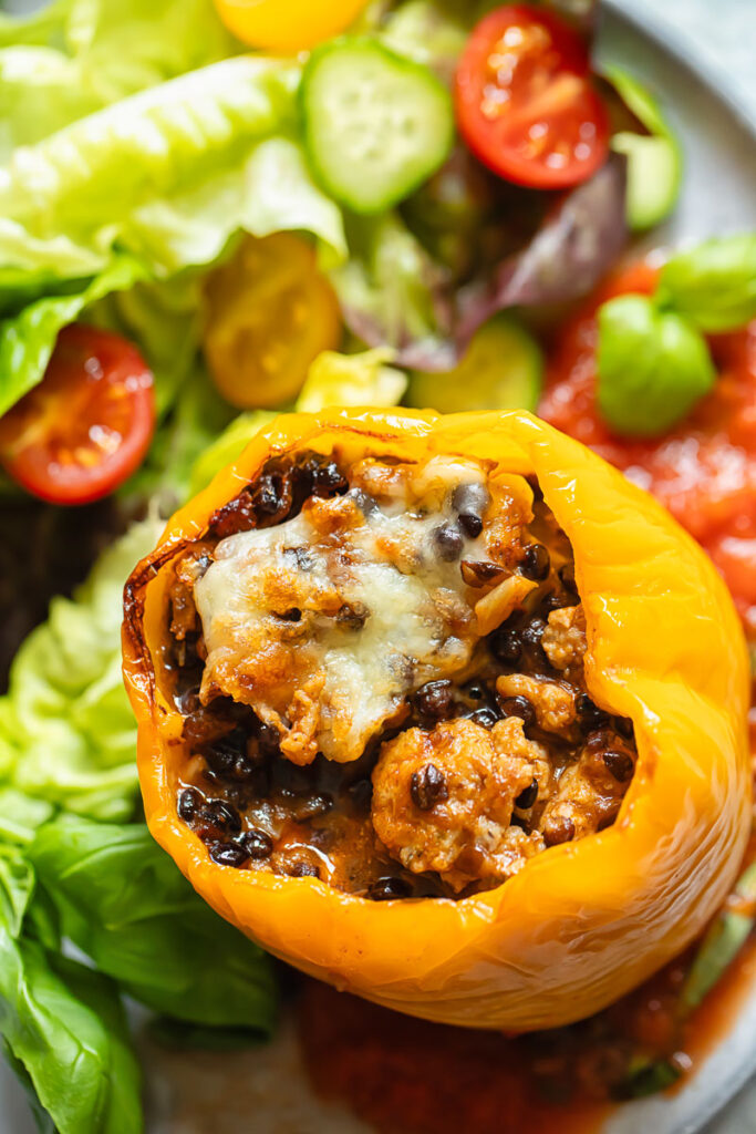 Close up of Italian sausage stuffed pepper