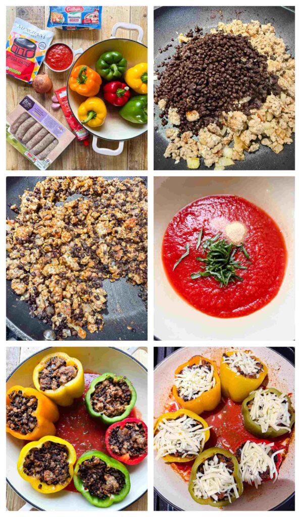 Process shots of sausage and lentils being cooked and stuffed into peppers