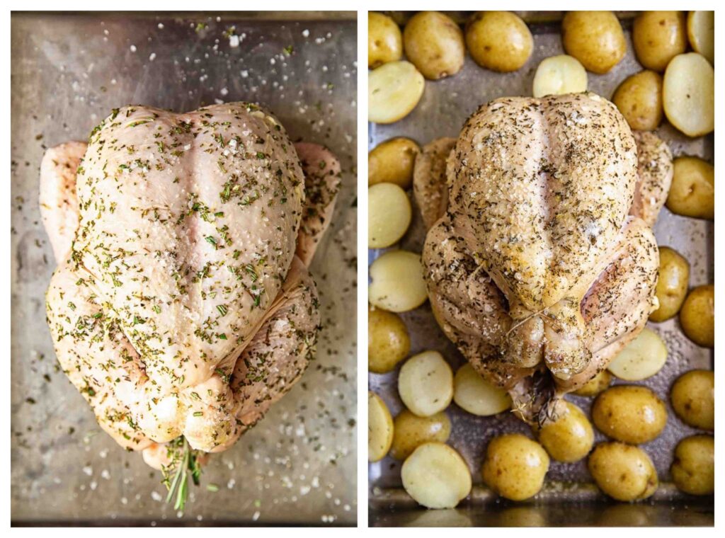 process shots showing the dressed chicken then the added potatoes