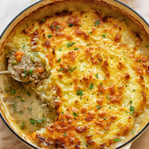 Top down shot of shepherd's pie in a large dish