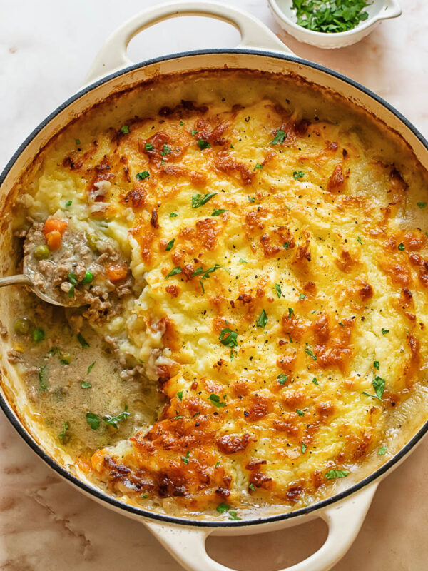 Top down shot of shepherd's pie in a large dish