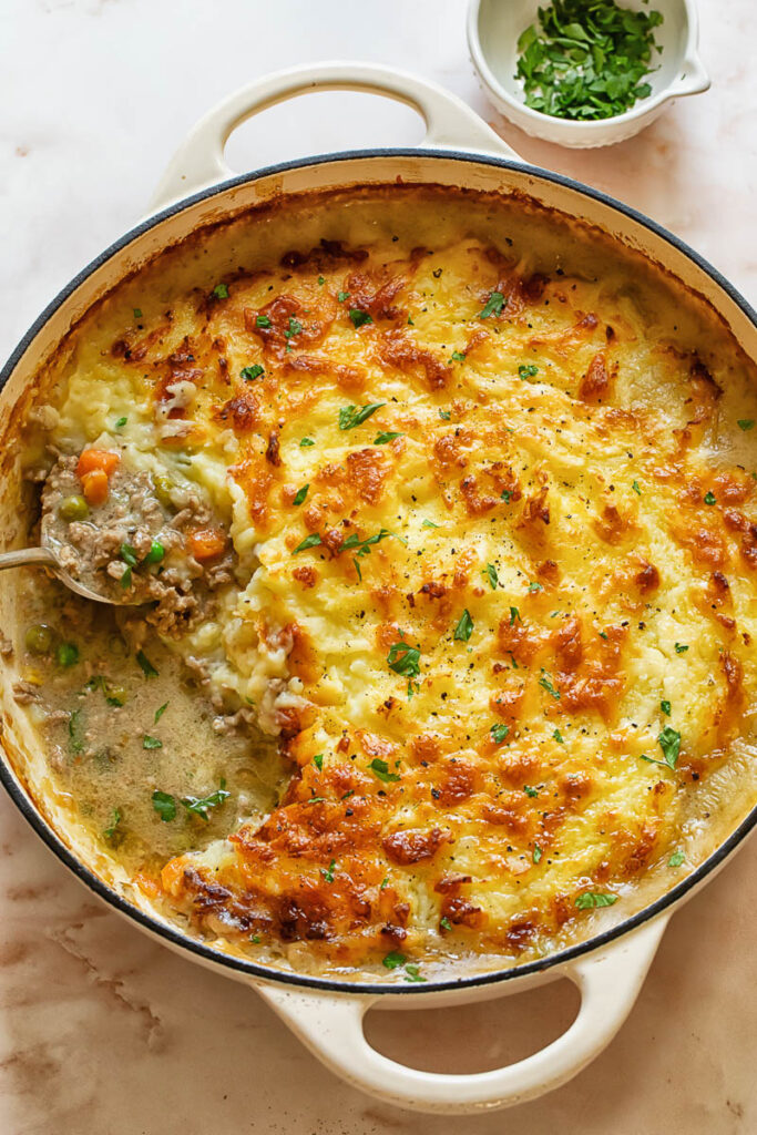 Top down shot of shepherd's pie in a large dish
