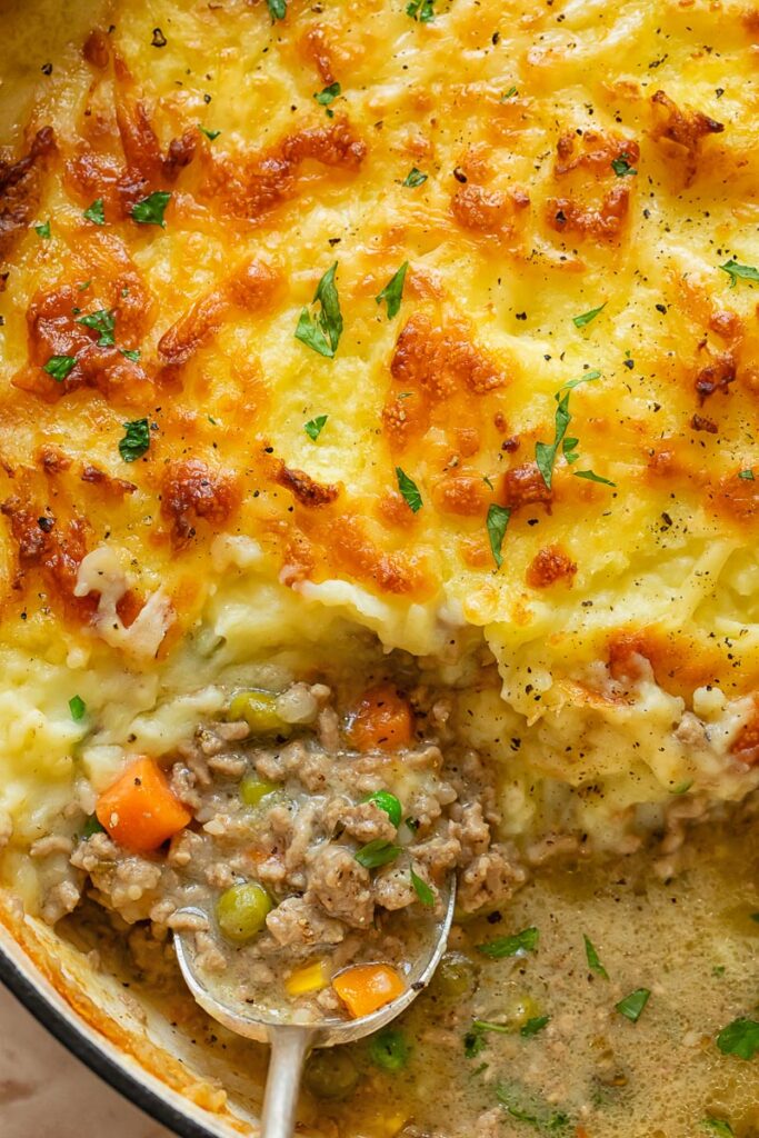 Close up of shepherd's pie cross section