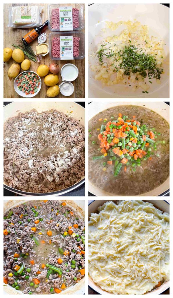 Prcoess shots of ingredients being cooked and constructed into a pie