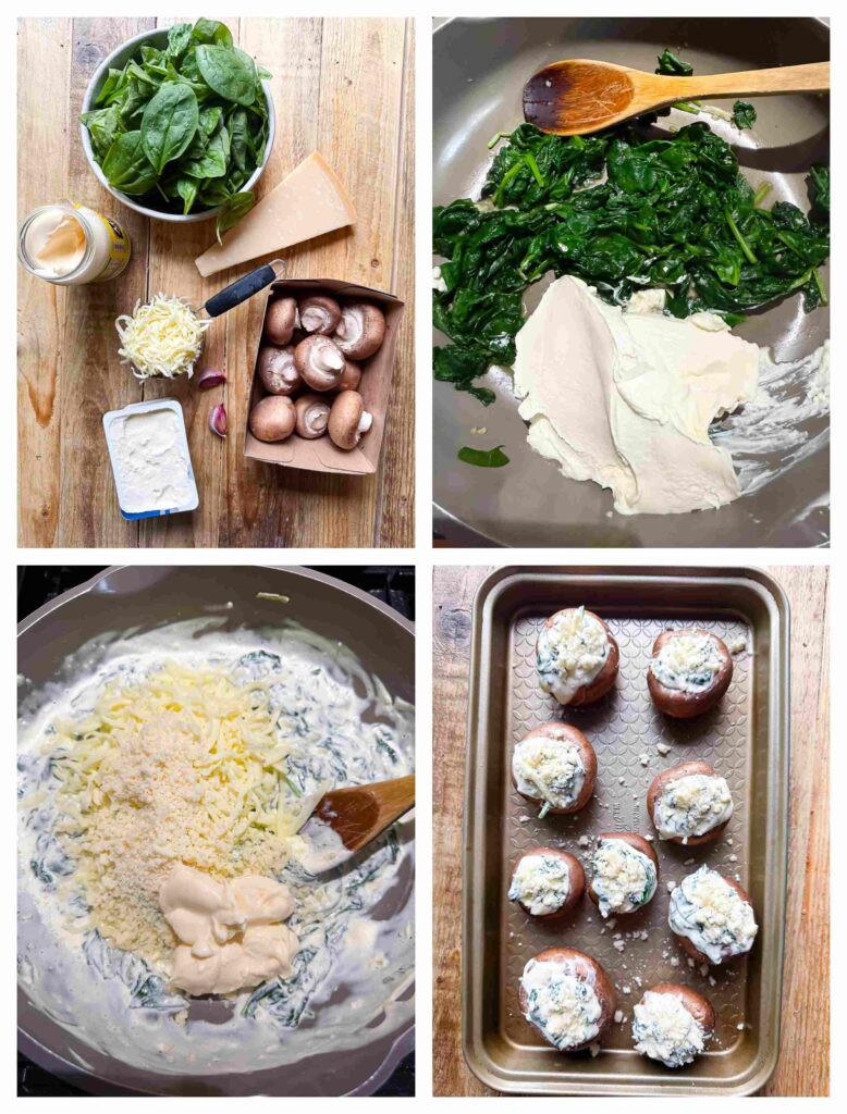 Prcoess shots of cheesy spinach dip being prepped and stuffed into mushrooms