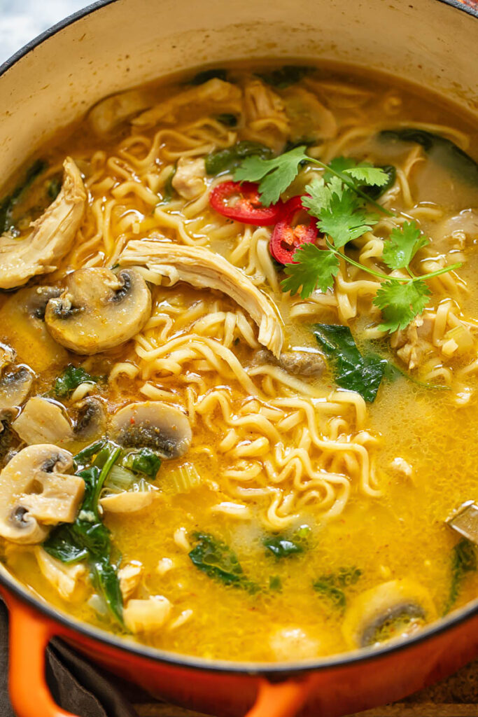 Close up of chicken noodle soup with mushrooms and chilli