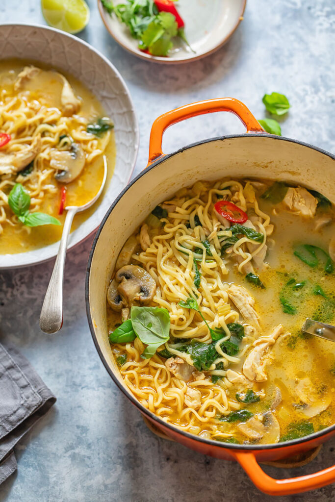 Large pot of chicken noodle soup next to a bowl