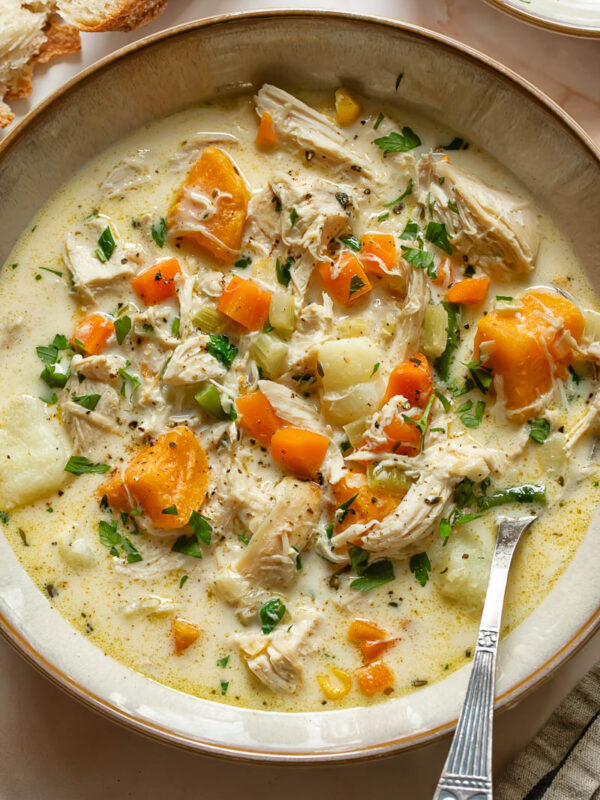 Top down shot of leftover turkey chowder in a small bowl