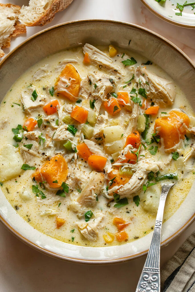 Top down shot of leftover turkey chowder in a small bowl