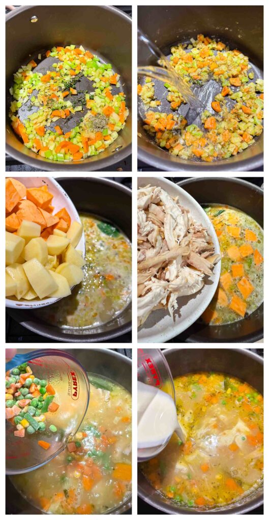 Process shots of ingredients being prepped and cooked into chowder