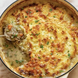 top down view of a shepherd's pie with a spoon taking a serving out.