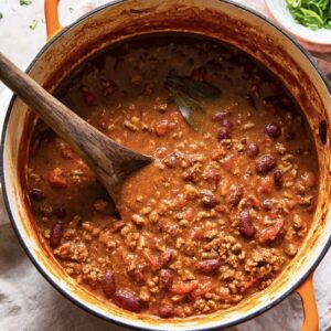 top down photo of a pot of chili