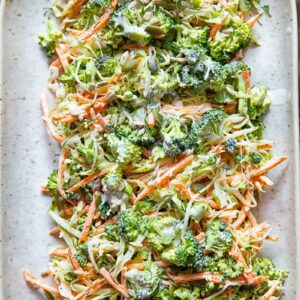 Broccoli slaw salad on a serving platter