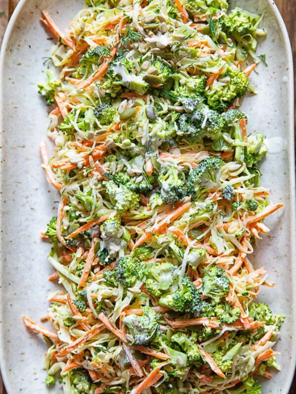 Broccoli slaw salad on a serving platter