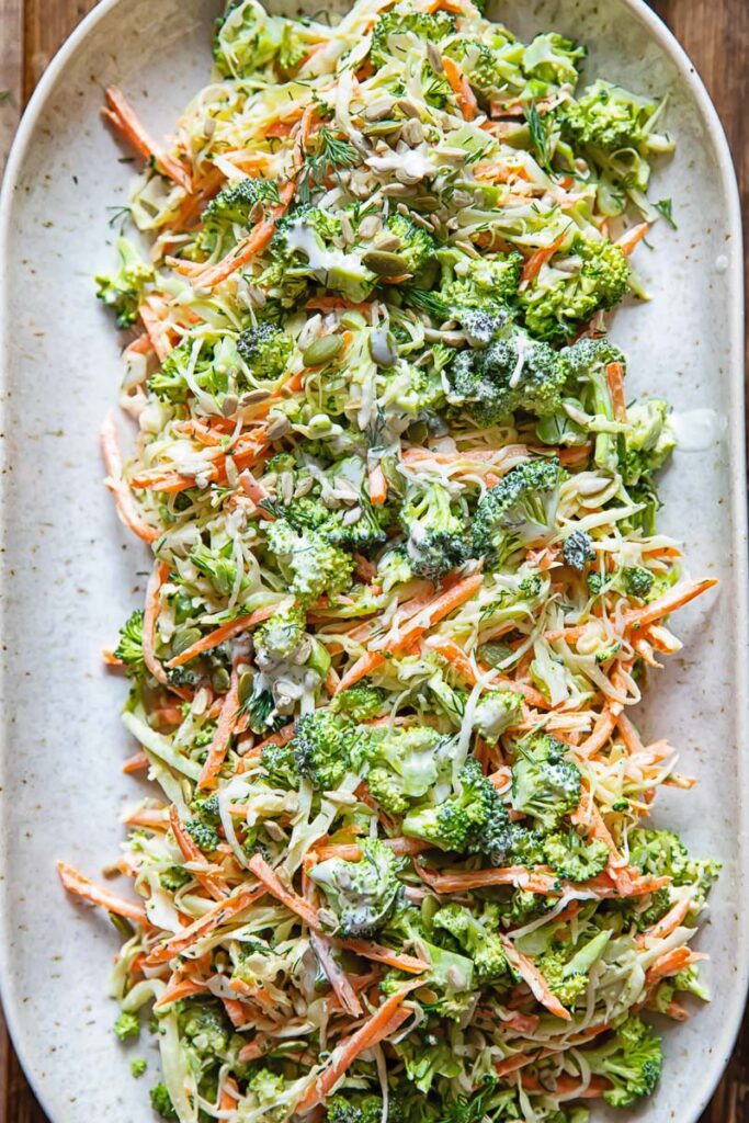 Broccoli slaw salad on a serving platter