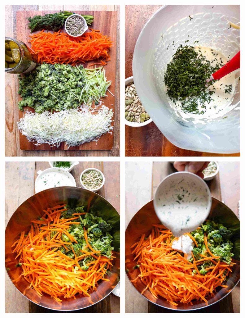 Process shots of veg and dressing being prepped and combined