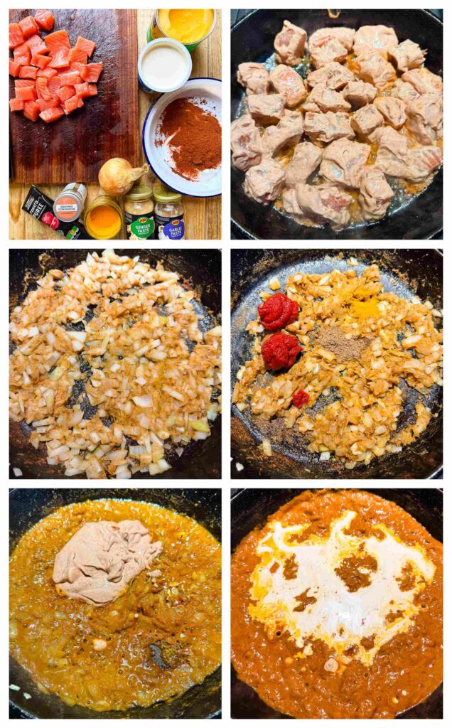 Process shots of salmon curry ingredients being cooked together in a pan