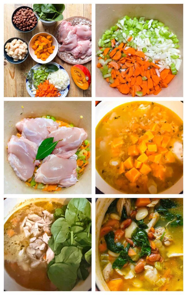 Process shots of chicken and veg being prepped and cooked together in a pot