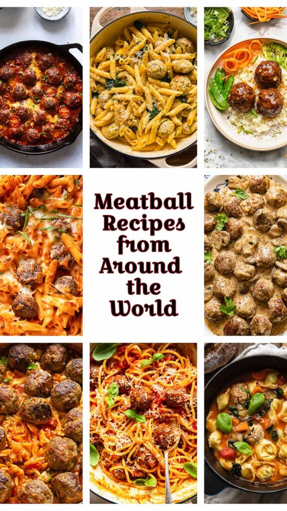 a collage of 8 images featuring recipes with meatballs as a main ingredient