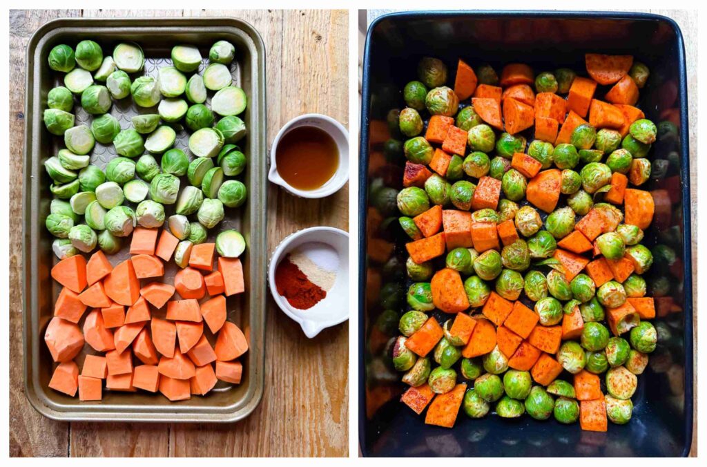 Process shots of sprouts and potatoes being seasoned and glazed before roasted