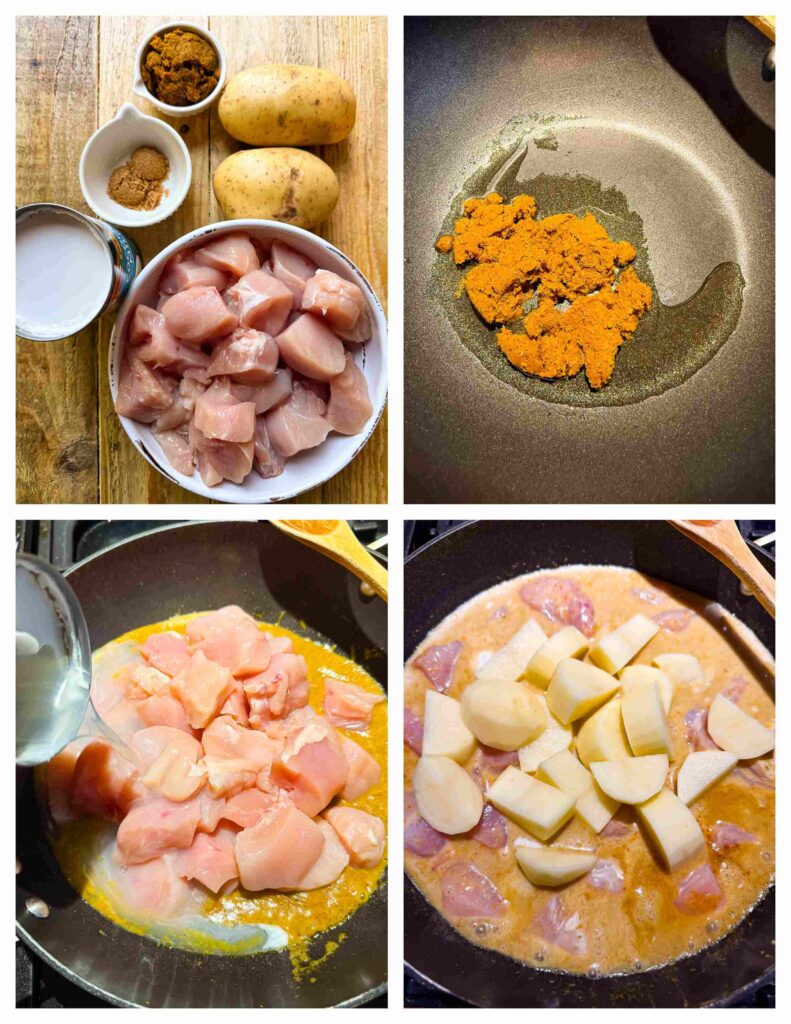 Process shots of chicken breasts being sliced and cooked into curry