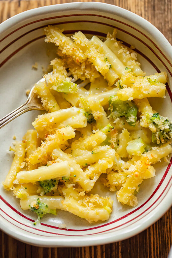 Shot of broccoli mac and cheese in a bowl