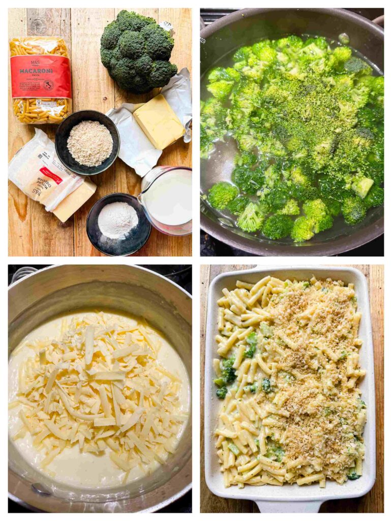 Process shots of broccoli and pasta being cooked before combined with sauce in a dish