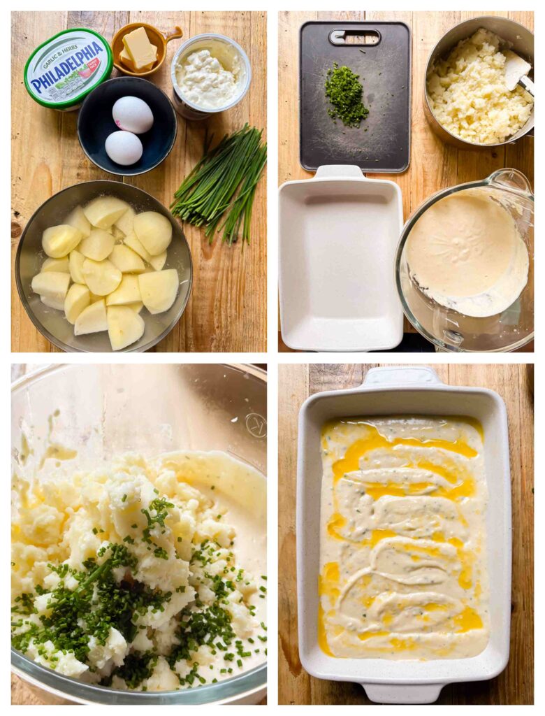 four process shots showing the preparation of the potatoes and casserole dish