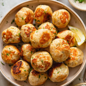 Top down of a large bowl of chicken meatballs