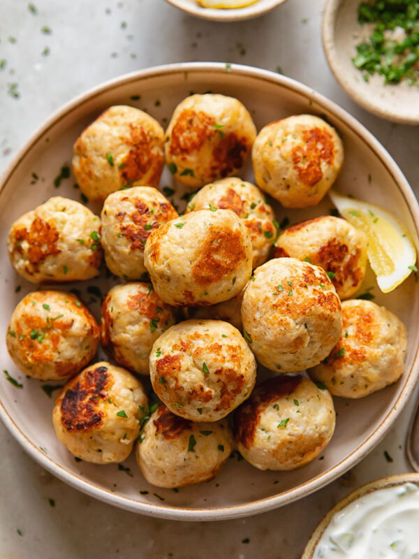 Top down of a large bowl of chicken meatballs