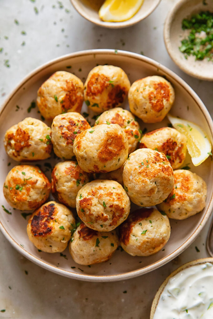 Top down of a large bowl of chicken meatballs