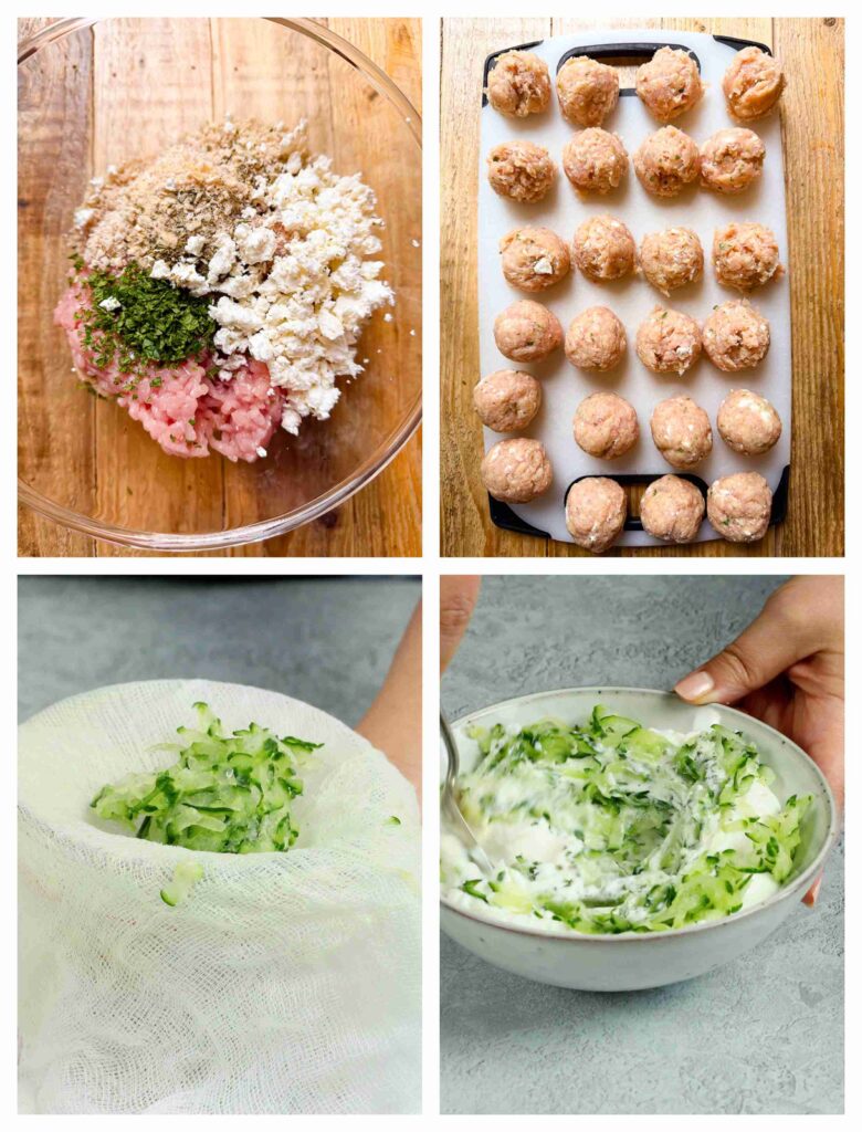 Process shots of chicken meatballs being made and tzatziki ingredients combined