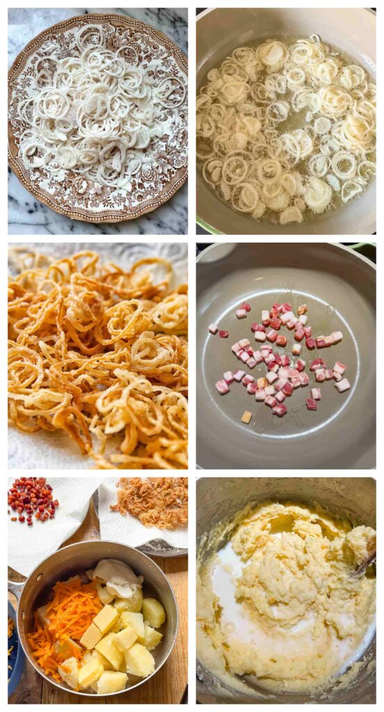 Process shots of potatoes, pancetta and shallots being cooked then combined