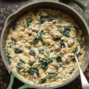 pan with orzo, green leaves, and sausage pieces in a creamy sauce
