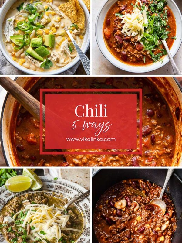 vertical image with a collage of five different chili recipes
