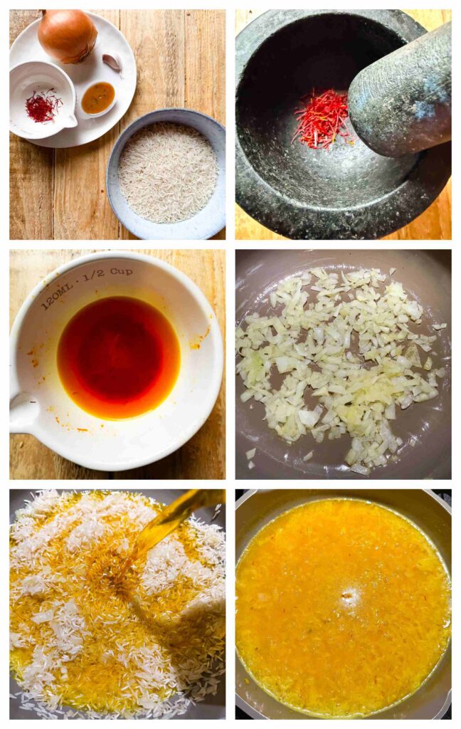 Process shots of spices being prepared and added to rice in a pan