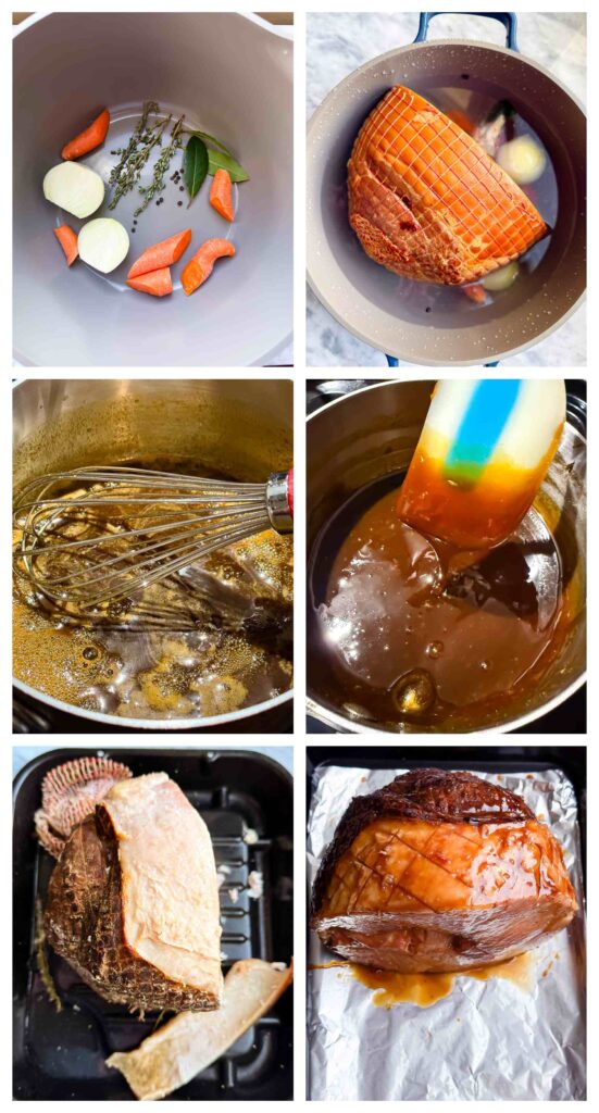 process images showing how to prepare and glaze the ham