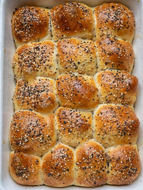 Top down shot of dinner rolls in a baking dish