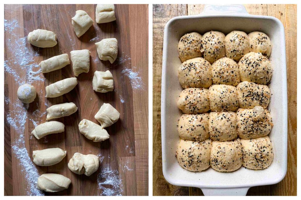 Process shots of dinner rolls being topped with everything bagel seasoning 