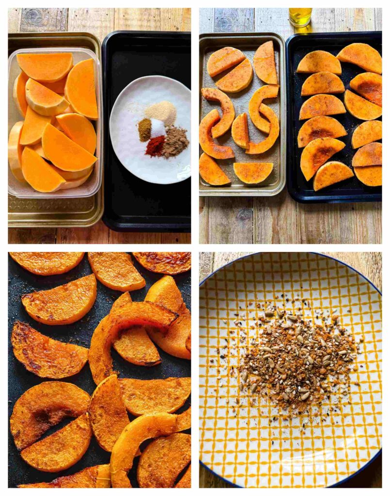 Process shots of butternut squash slices being seasoned and roasted