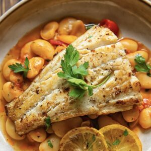 piece of white fish on beans with parsley and lemon slices