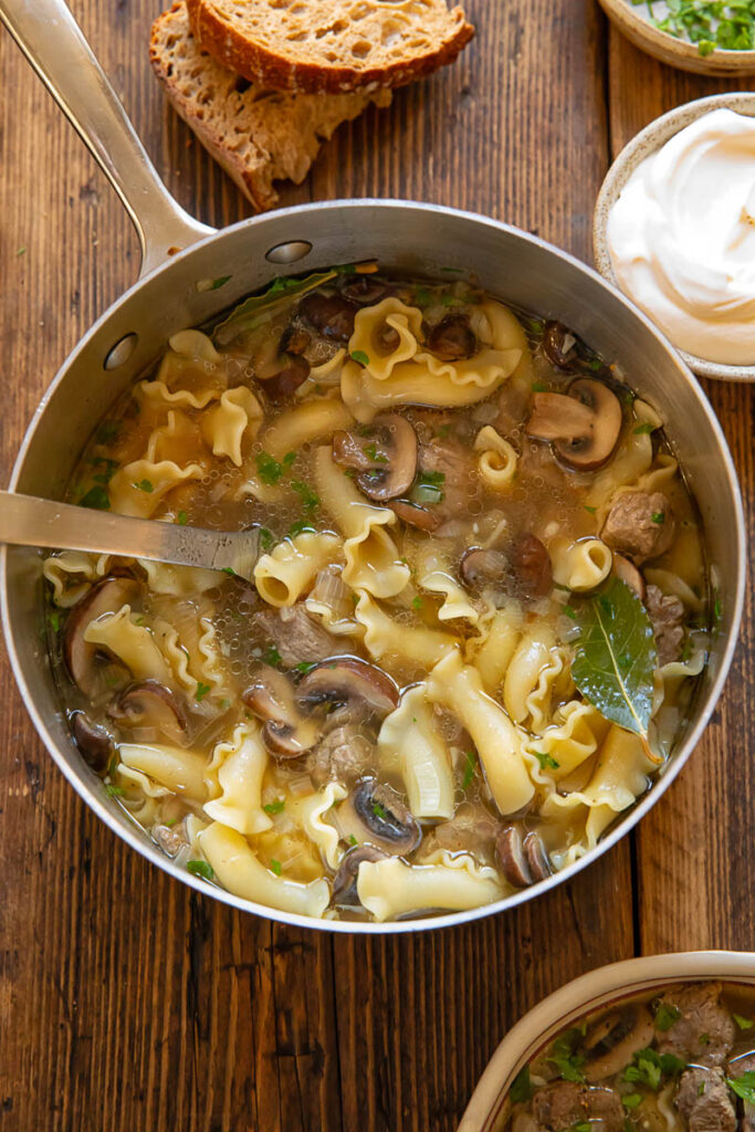 Top down shot of beef stroganoff soup in a small pot