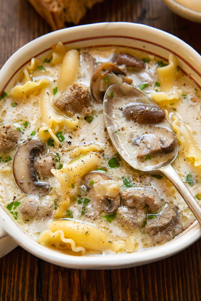 Close up shot of beef stroganoff soup in a bowl with a spoon