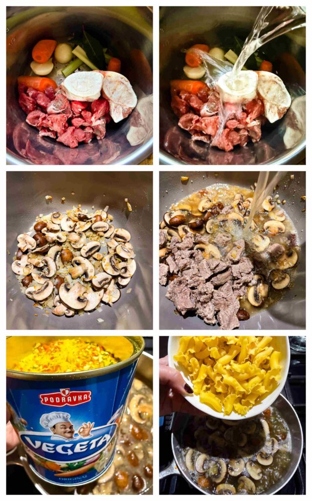 Process shots of beef, mushrooms and pasta being combined in a pot for soup