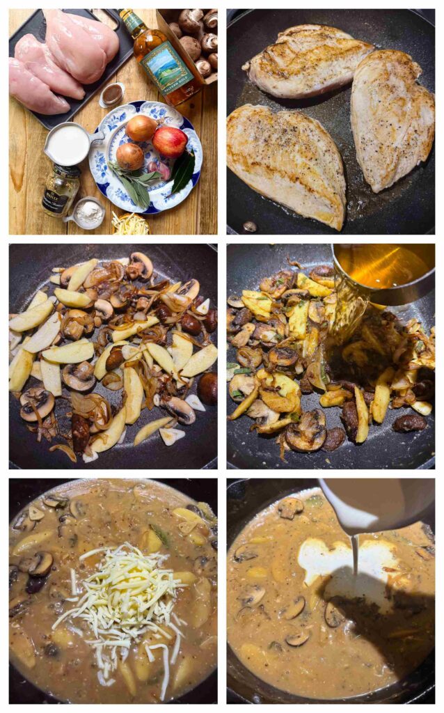 Process shots of chicken, mushrooms and apple being pepped and cooked with somerset sauce 
