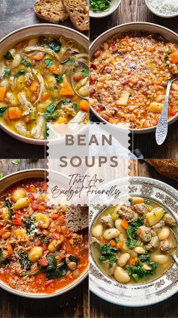collage of four bean soup recipes with a title card in the middle