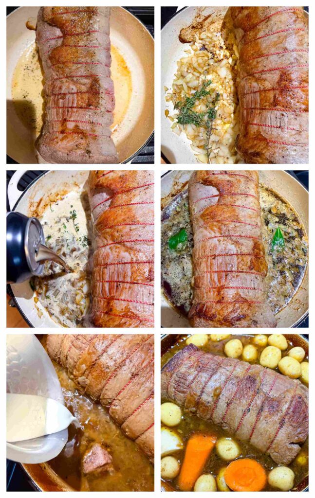 Process shots of beef being marinated and cooked with Guinness