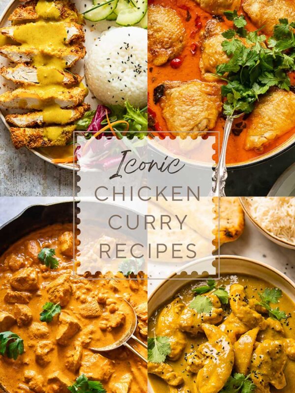 a collage of four images of chicken curry recipes from around the world