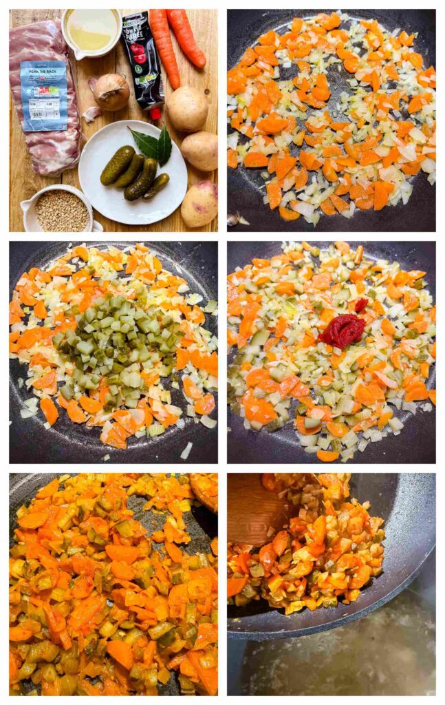 Process shots of pickles, pork and veg being prepped before cooked