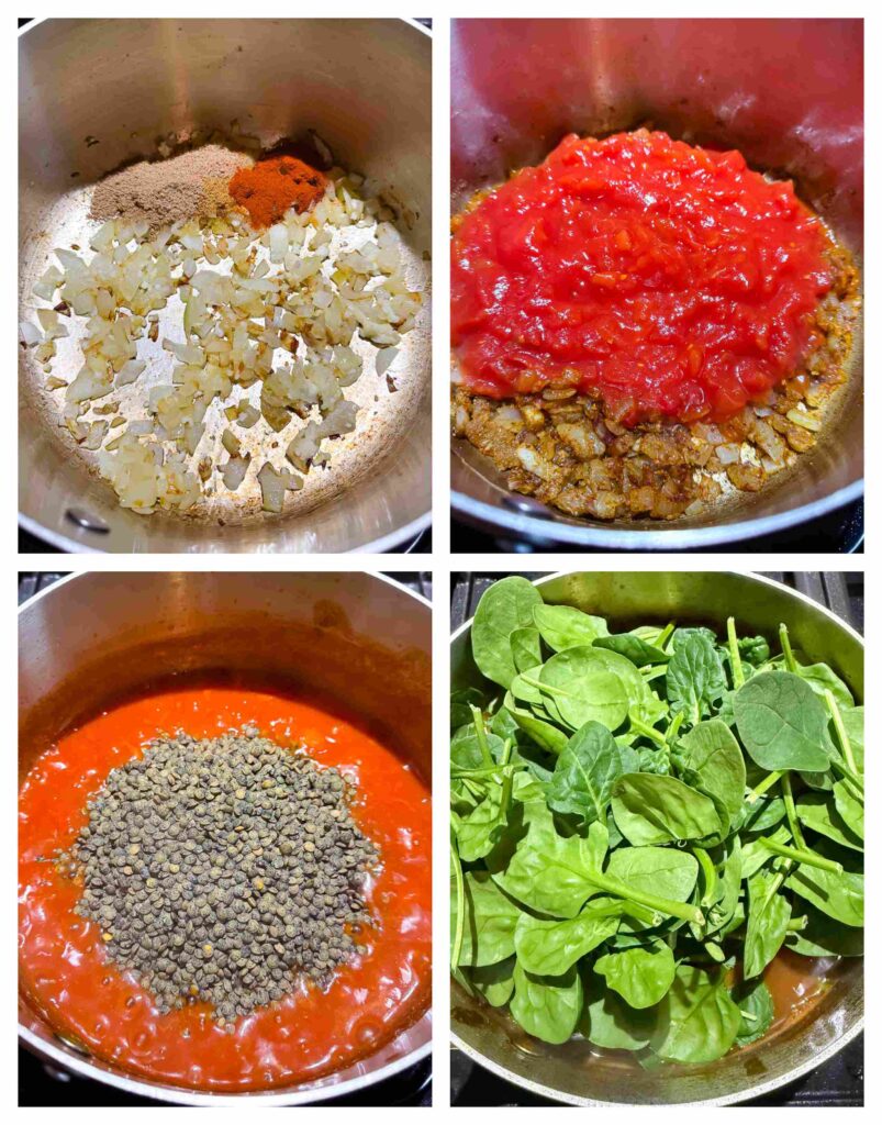Process shots of veg being prepped then cooked in a pot